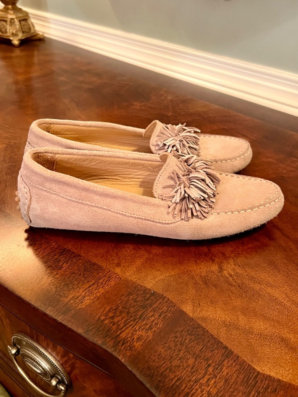 GUC M.Gemi Feliz Pom Pom Fringe Khaki Tan Suede Driving Loafers Flats Size 37 7 - Picture 4 of 9